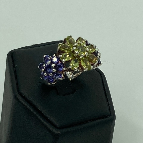 Vtg Sterling Silver Amethyst & Peridot Floral Cocktail Ring 3 Flowers | Sz 5 - Picture 4 of 13